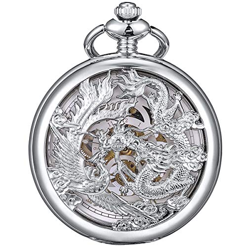 Image of ManChDa Antique Mechanical Pocket Watches for Men Lucky Dragon Phoenix Pocket Watch with Chain Skeleton Dial Roman Numerals Gifts for Fathers Day