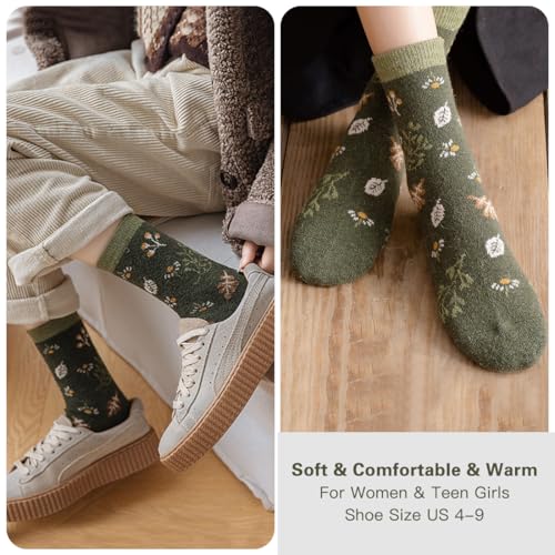 MarJunSep Wool Fall Boot Socks Women Teen Girls Thick Knit Vintage Cute Floral Hiking Winter Warm Crew Socks4