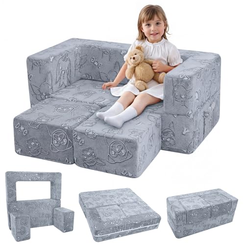 MeMoreCool Kids Sofa Couch, Glow-in-the-Dark Plush Cover, Convertible Foam Loveseat with Armrests &...