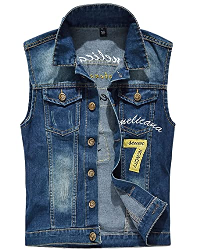 Image of ebossy Men's Ripped Distressed Denim Vest Sleeveless Button Up Jean Vest Jacket (Large, Seven-blue)