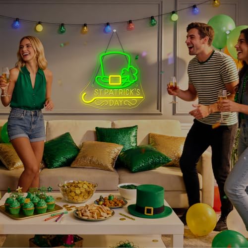 Image of Horseneon St Patricks Day Neon Sign Shamrock Neon Light LED Signs St Patricks Day Decorations Dimmable Green Gold Colors for Wall Art Bedroom Living Room Home Bar Decor