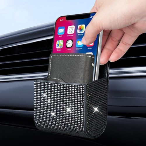 Image of Salior Car Vent Storage Organizer,Bling Car Accessories for Women or Man,Rhinestone Car Vent Leather Pocket,Multipurpose Car Storage /Car Sunglass Holder /Car Coin Holder for Car (Black)
