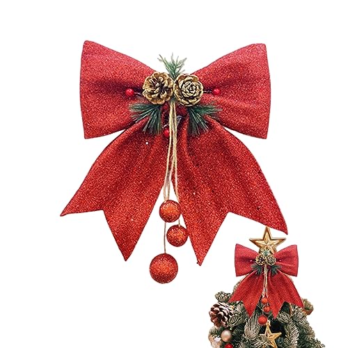 Bowknot Christmas Tree Topper Decorative Bows, Sequin Wreaths Bows Ties, Christmas Tree Topper Glitter with Pine Cone, Christmas Tree Decoration Bows for Christmas Parties, 9.8 x 11.8 Inch (Red)