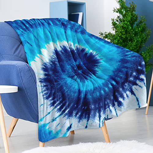 Fleece Throw Blanket For Couch Sofa Bed Office, Comfy Warm Fuzzy Flannel Throw Blanket 50 X 60 In, 350 Gsm Soft Microfiber Plush Cozy Blankets Throws For Adult Kids All Season (Blue Tie Dye) #TOP6