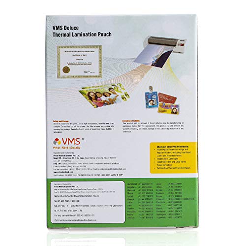 Image of VMS Deluxe Thermal Lamination Pouch (Sheets) 70x100mm 250 Micron - Set of 2 (200 Laminating Sheets) For ID Card size