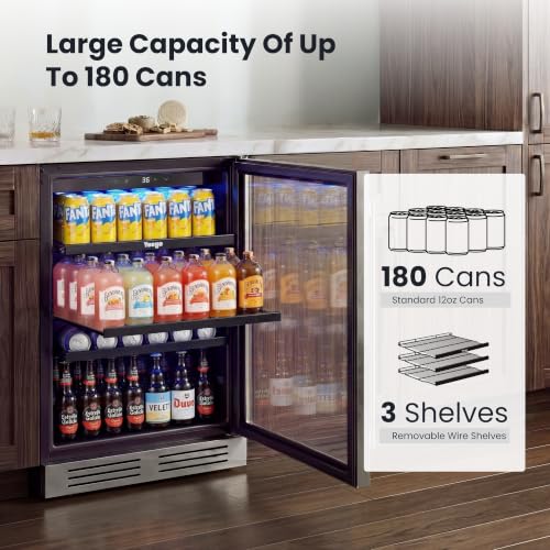 Image of Yeego 24 Inch Beverage Refrigerator - 180 Can Built-In Under Counter Drink Fridge with Glass Door, 34-54F Cooling for Beer, Soda & Wine (Right-Hinged)