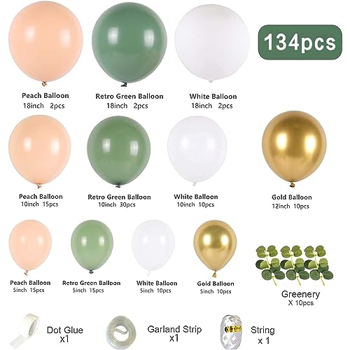Sage Green Balloon Garland Arch Kit - 134Pcs Eucalyptus Garland, Retro Olive Green, Peach White And Gold Latex Balloons Arch Kit For Baby Shower,Wedding Birthday,Bridal Shower Decorations #TOP5