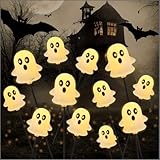JOYIN Halloween Decorations Outdoor Solar Cute Ghost Lights, 2 Pcs 12LEDs Solar Powered Hovering Ghost Yard Stakes, Cute LED Pathway Lights Decor for Halloween Graveyard Garden Yard Patio Lawn