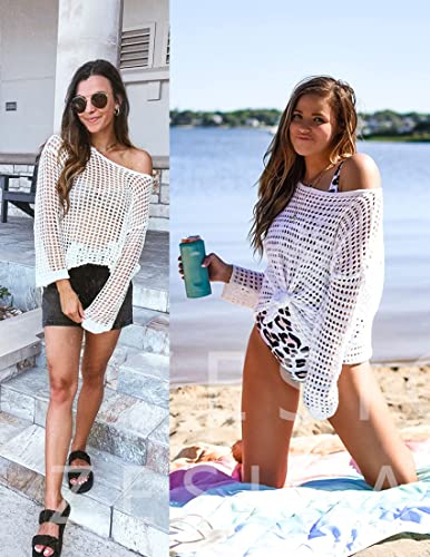 ZESICA Women's 2025 Summer Crochet Hollow Out Long Sleeve Beach Bikini Swimsuit Mesh Cover Up Tunic Top4
