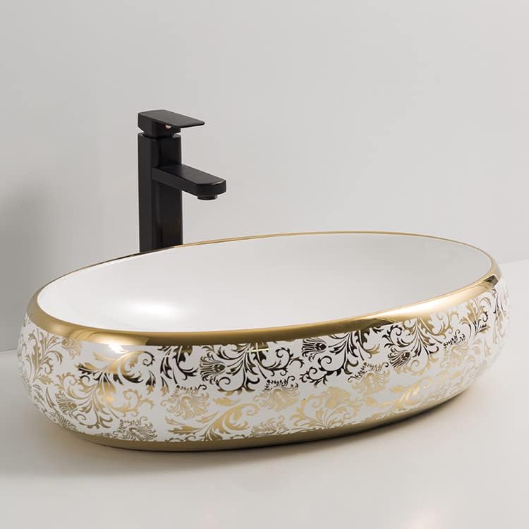 Image of LUXART Oval Ceramic Vessel Sink, White with Gold Floral Pattern Art Design, 24x16x6 Inch Tabletop Wash Basin for Bathroom, Vanity & Hotel (Glossy)