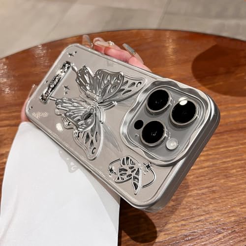 Coque iPhone 15 Pro luxe argent pailleté avec anneau papillon élégant chic