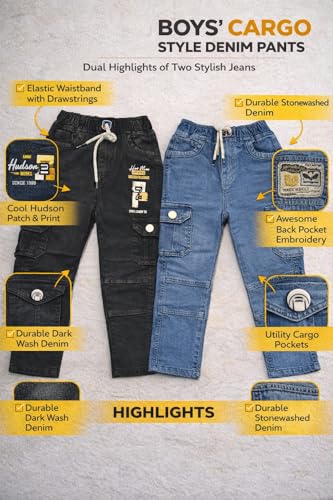 Image of Boys Cargo Pants, Kids Cargo Jeans with Pockets, Adjustable Waist, Stretch Denim Casual Pants for Boys