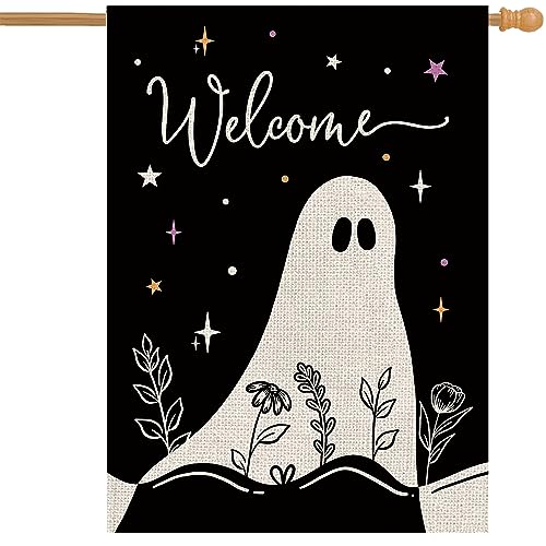 Halloween House Flag Ghost Black Burlap Double Sided 28x40 Inches Halloween Holiday Welcome Sign for Yard Lawn Home Outdoor Decor