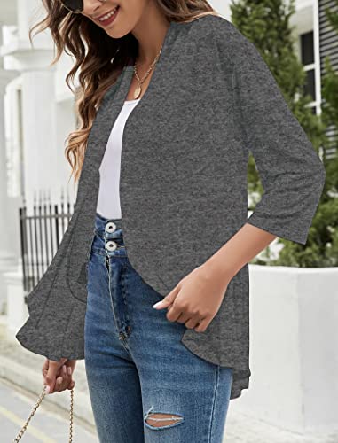 Image of Yekaty Women Cardigan 3 /4 Sleeves Open Front Lightweight Cardigan Draped Ruffles Knit Cardigan