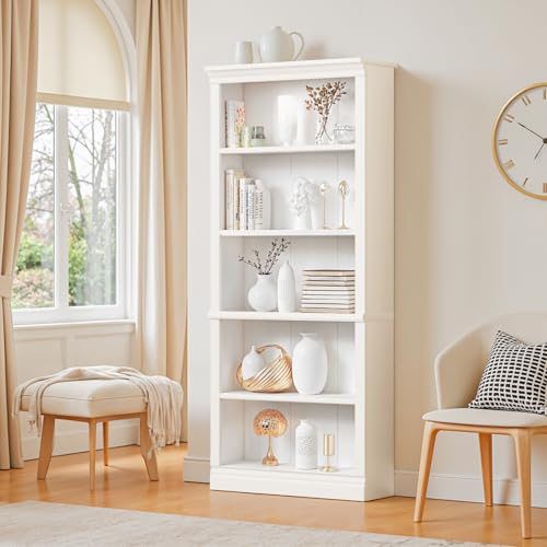 Image of Furniwell Bookcase Bookshelves, 5-Shelf Tall Bookcase 71 inch Wood Open Display Floor Bookshelf, Large Storage Organizer for Library, Bedroom, Living Room (White)