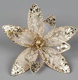 SHATCHI Flor Artificial de Navidad de 20 cm con Purpurina de Oro Marfil con Clip de Metal, decoración de árbol de Navidad, Adornos de Boda y Año Nuevo