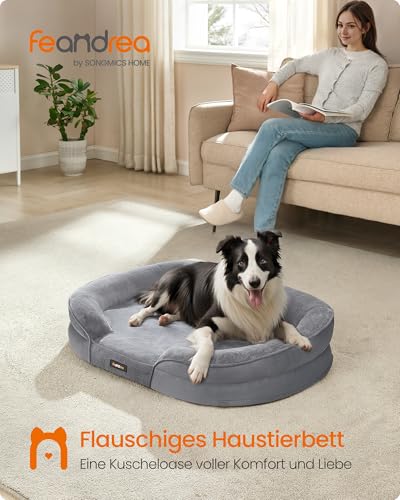 Feandrea Hundebett, Hundekissen, für große Hunde, 91 x 68 x 18 cm, orthopädisch, wasserdichte Innenschicht, erhöhte Ränder, Abnehmbarer, waschbarer Bezug, rutschfest, hellgrau PGW282G01