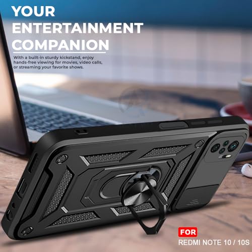 Image of AESTMO Tough Armor Redmi Note 10 / 10S Bumper Back Case Cover | Ring Holder & Sliding Camera Shield Cover | 360 Degree Protection Back Case Cover for Redmi Note 10 / 10S (Black)