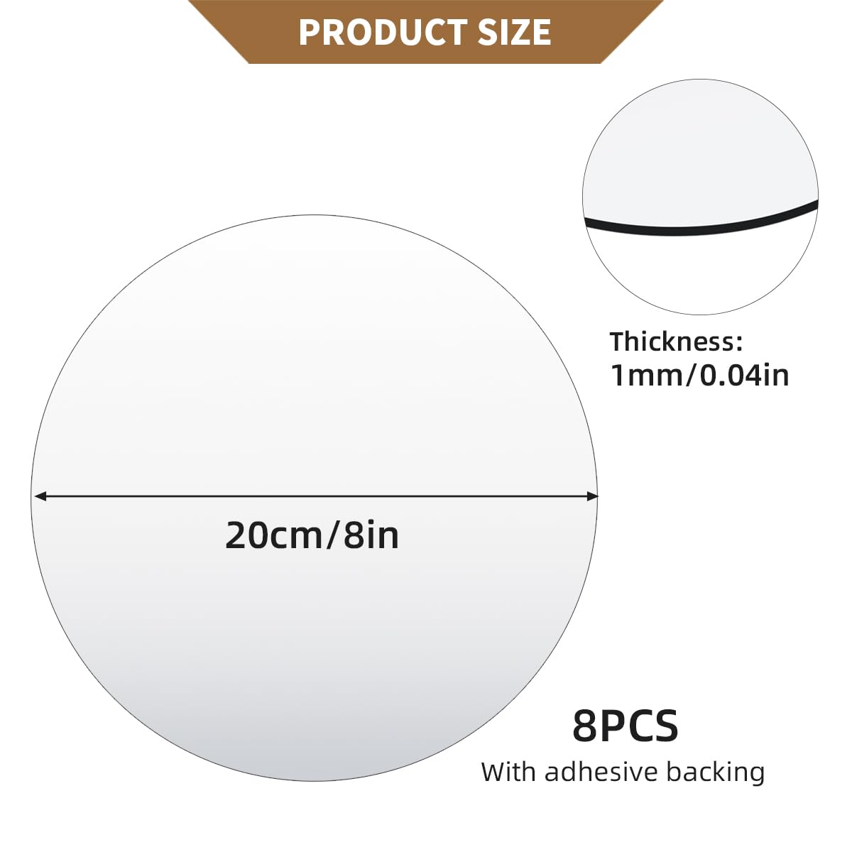8 Pack Acrylic Round Mirrors, 8 inch Circle Mirror Tiles Self Adhesive Mirror Stickers for Wall Home Living Room Bedroom Decor, Small Mirrors for Crafts (Thickness 1 mm) (8 inch/20cm)
