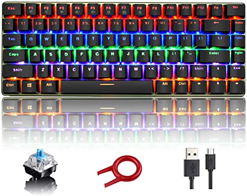 Bluetooth Mechanical Gaming Keyboard,Rainbow LED Backlit Keyboard with Type-C Wired/Wireless,Rechargeable 800mAh Battary,82 Keys Anti-ghosting,Blue Switches for Multi-Device Connection(Black)