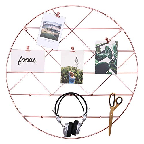 Rumcent Panel Redondo de Pared, Organizador de Fotos de Alambre Multifuncional y Pantalla para Colgar, Estante Organizador de Almacenamiento de Pared Decorativo con Gancho para Abrigos, Oro Rosa