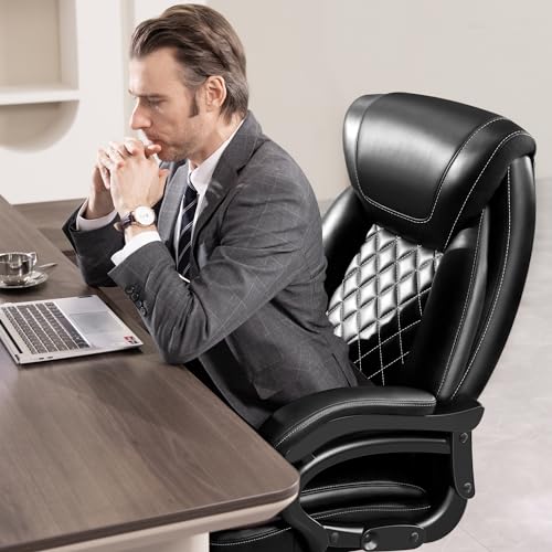 Big and Tall 500lbs Office Chair,Heavy Duty Large PU Leather Executive Desk Chair with Wide Seat, Adjustbale Ergonomic Lumbar Support High Back Rocking Computer Chair for Heavy People (Black)
