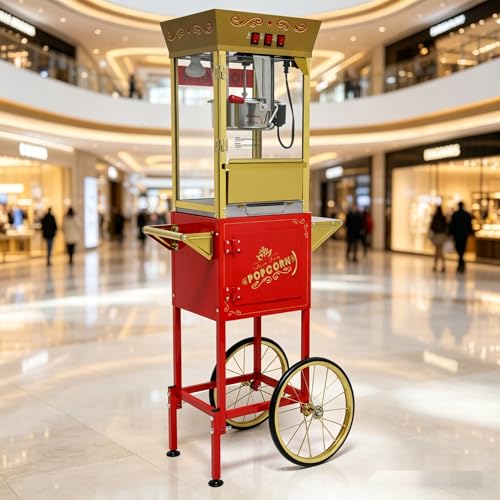 Image of 12oz Vintage Popcorn Machine Cart with Wheels - Movie Theater Style Maker w / 850W Stainless Steel Kettle, 3 - Switch Control, Mobile Cart for Home, Party /Commercial Use