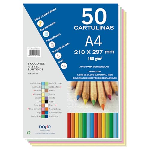 Dohe - Cartulinas A4 Colores Pastel para Manualidades e Impresión (50 uds.) - 21x29,7 cm - 180 g/m² - Material de oficina