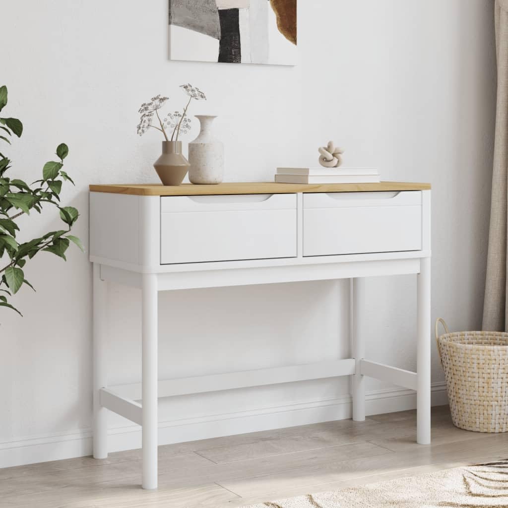 Genérico Mesa Consola Madera Pin Macizo Blanco 89 x 36,5 x 73 cm | 2 cajones de almacenamiento, patas de madera, diseño clásico, para entrada o salón
