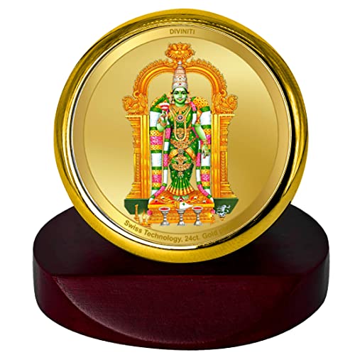 Image of DIVINITI 24K Gold Plated Meenakshi Metallic Idol for Home Decor, Pooja Room, Office Desk & Car Dashboard | Premium Religious Gift with Wooden Stand for Blessings & Positivity|5.5 x 5.0 CM