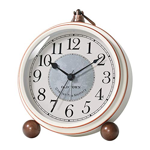 Kpin Vintage Antique Table Clock, Silent Non-Ticking Desk Alarm Clock Battery Operated Silent Quartz Movement, Suitable for Kids Seniors Bedroom Living Room Decor. (White, S) Arizona 