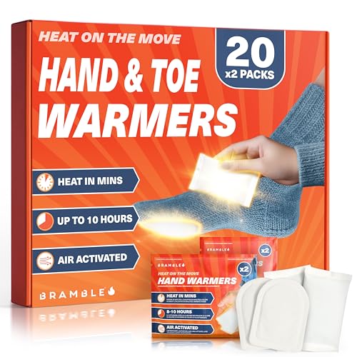 Bramble 40 Bulk Pack Hand & Foot Warmers Bundle Kit (20 Hand Warmers + 20 Adhesive Toe Warmers) - Long Lasting Up to 10 Hours - Disposable Air Activated Natural & Odorless