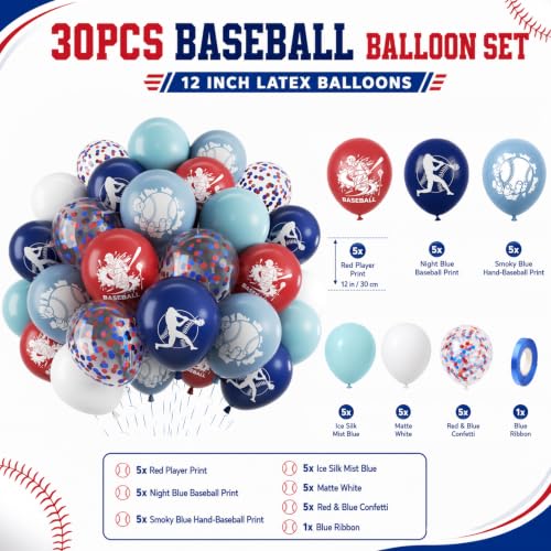 Image of Baseball Balloons for Birthday Party Decor, 12 inch Navy Blue Red White Balloon | Dusty Light Blue Red Baseball Print and Confetti Balloons for Boys Baseball Birthday Baby Shower Sport Team Party Decorations