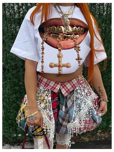 Women's Lip Graphic Oversized Tee Crew Neck Short Sleeve Drop Shoulder Hip Hop Shirts Streetwear3