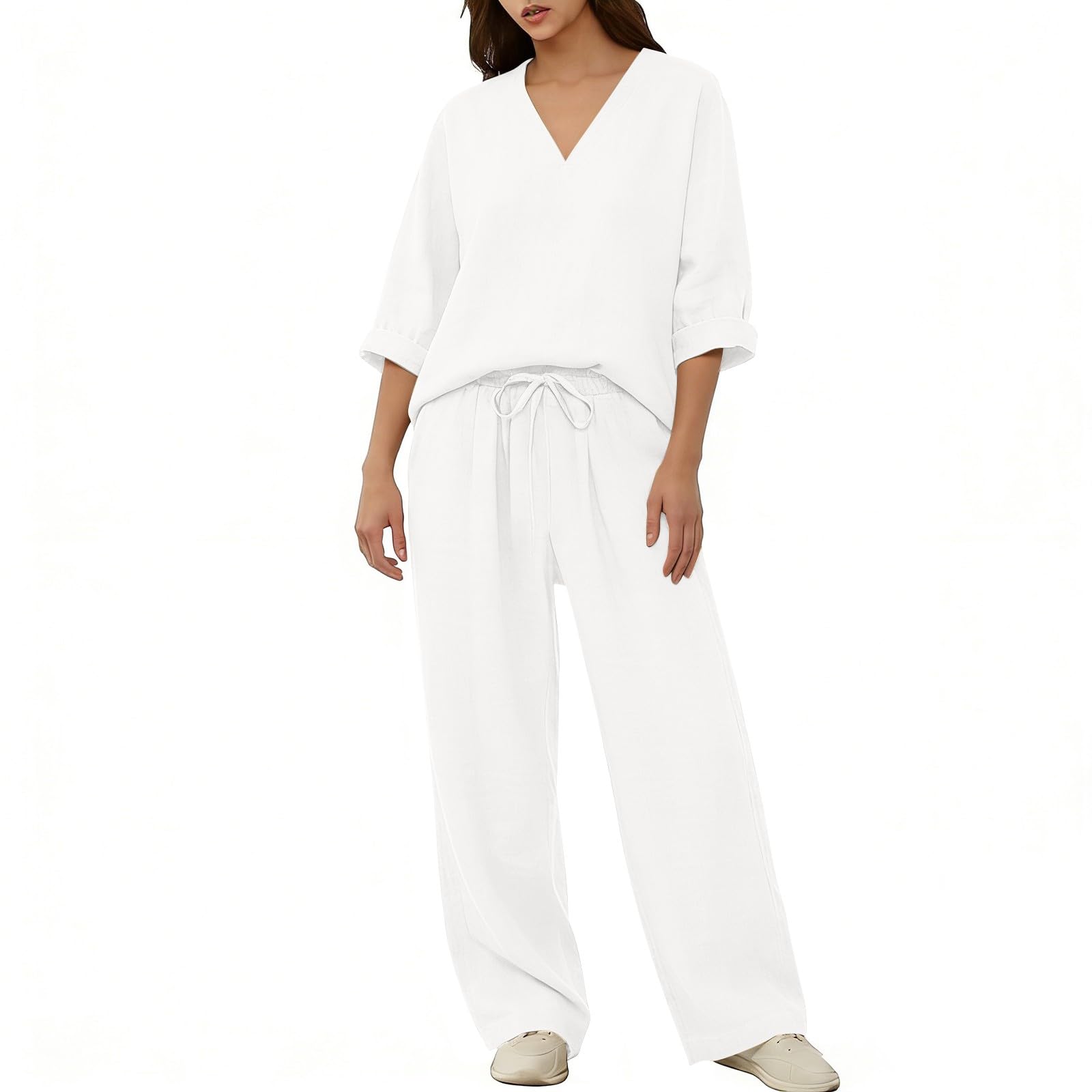 Completi Lino Donna Estivi 2 Pezzi Camicia E Pantaloni Cotone Tuta Elegante Taglie Forti Completo Estiva Curvy Tute Casual Set Leggera Larghi Completi Per L’estate Vacanza Tinta Unita Sportiva