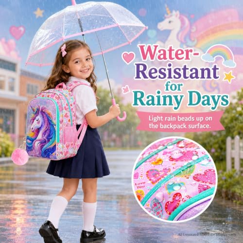 Image of CCJPX 3Pcs Unicorn Backpack, 16 inch Kids Girls Bookbag with Lunch Box, Water Resistant Elementary School Bag for Kindergarten Preschool Toddler (Pink)
