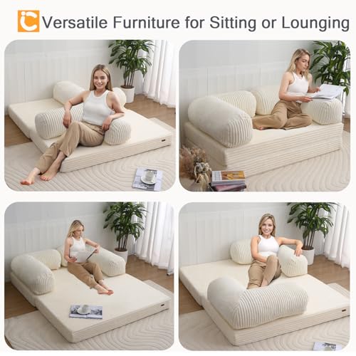 COMAX Folding Sofa Bed Queen, Foldable Couch Bed, Fold Out Futon Chair Sleeper for Adults, Convertible Floor Mattress Sofa for Bedrooom Living Room Guest Room, Faux Fur Light Beige