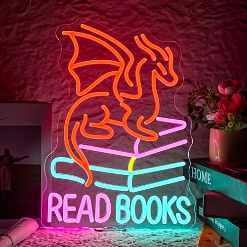Image of Book Dragon Neon Sign Library Dragon Decor Cool Kids Read Books Reading Corner for Kids Neon Signs for Wall Decor LED Light Library Classroom Book Club Christmas Gift for Teens
