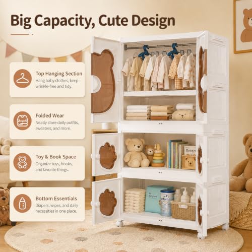Image of KRISHYAM 3-Tier Kids Plastic Wardrobe, Hanging Rod & Wheels, Bear Paw Design Multipurpose Clothes & Toy Storage Cabinet, 123 x 69 x 32 cm