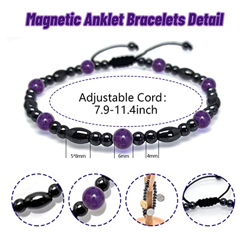 Image of Hion 2 Pack Magnetic Therapy Anklet Bracelet Plus 1 Pack Magnetic Bracelet for Women /Men Weight LossBoost Metabolism, Keep Slimming Hematite Purple Amethsyt Gemstone Anklet Bracelet Set