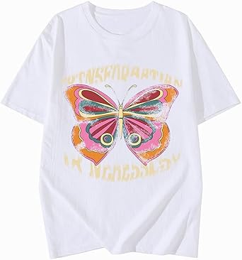 Womens Butterfly T-Shirt Oversized Graphic Tees Loose Shirt Cute Flower Print Summer Short-Sleeve Crewneck Top