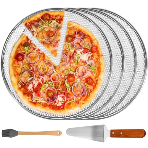 Elyyapt 4 PCS 12 Inch Aluminum Pizza Screen Pizza Tray for Oven Non Stick Pan, Pizzas Mesh Screen Round Pizzas Mesh Baking Sheet Trays Net with Spatula, Silicone Brush for Baking Kitchen, Seamless Rim