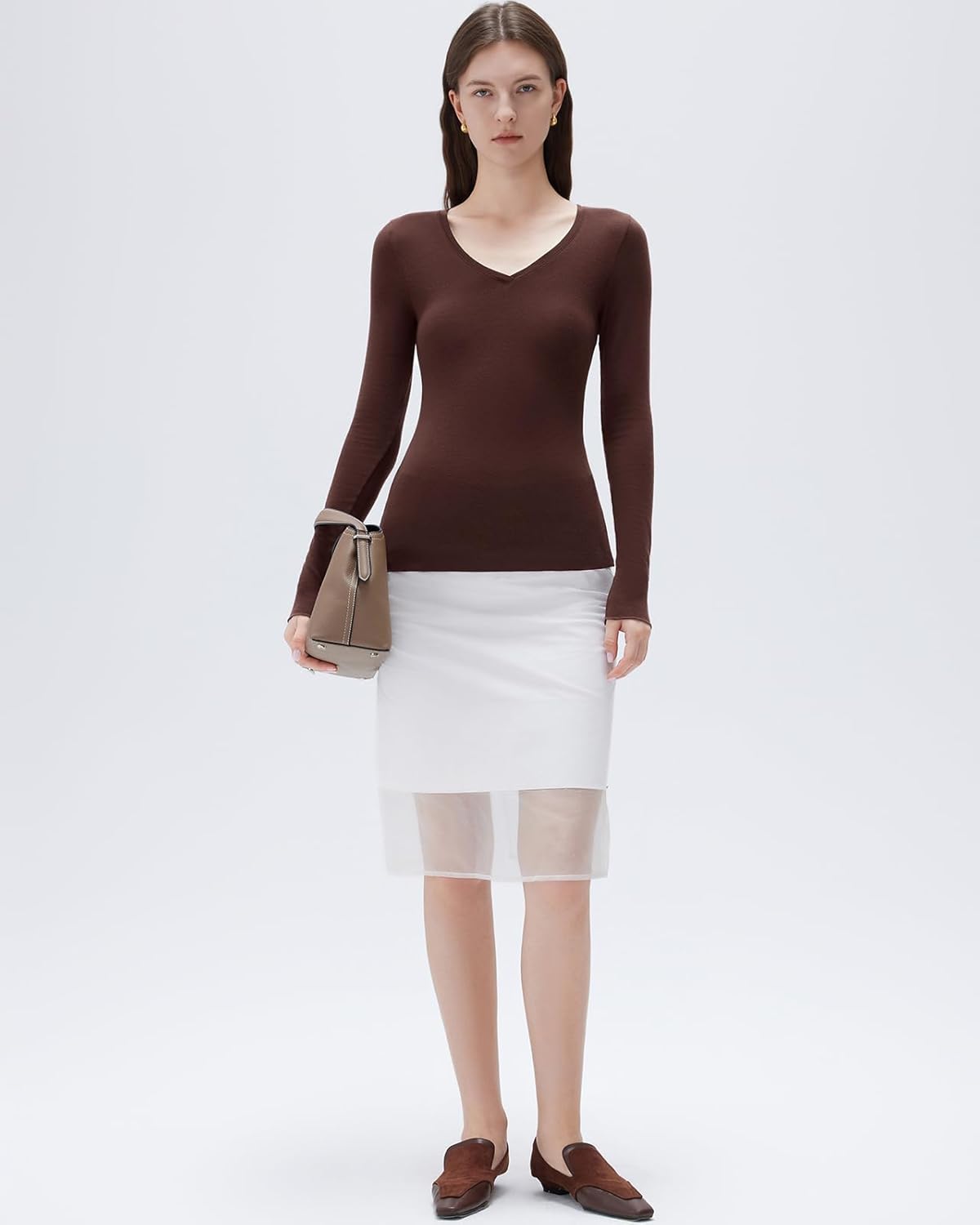 SUUKSESS Cloud Cashmere Women V Neck Fitted Long Sleeve Shirt Basic Soft Knit Tops - Image 3