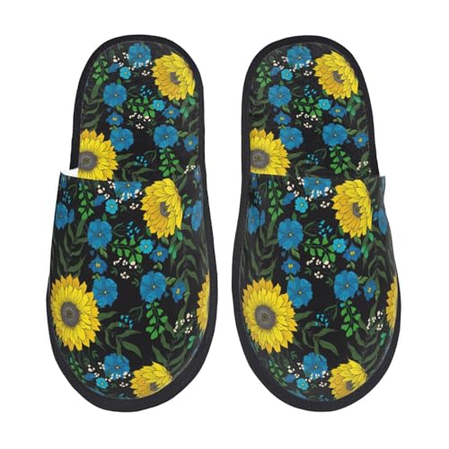 Sunflowers And Blue Flower Print House Slippers For Women And Men,Soft Slippers With Memory Foam,Non-Slip Indoor Home Shoes