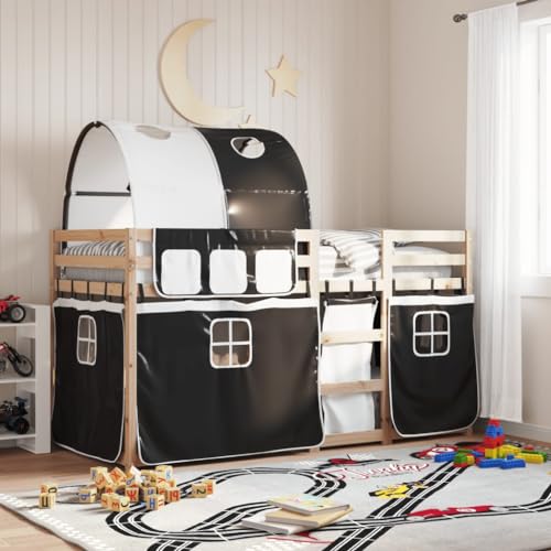 Brokky Litera con Cortinas Cama litera Matrimonio Camas literas Infantiles Madera Maciza Pino Blanco y Negro 90x200 cm