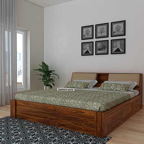 Ganpati Arts Solid Sheesham Wood Mayor King Size Bed with Box and Headboard Storage Wooden Palang Double Bed for Bedroom (Natural Finish) 1 Year Warra