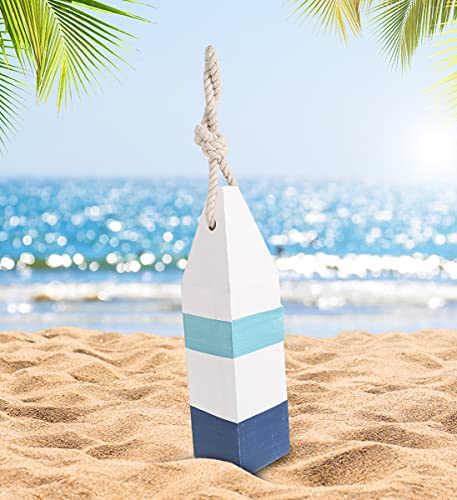 Bouée décorative artisanale en bois bleu avec corde de suspension