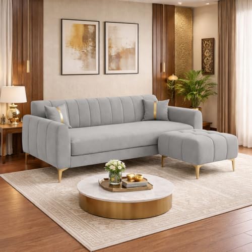 Image of Hermione 4 Seater L Shape Sofa Set with Movable Ottoman | Flexible Left or Right Layout | Luxe Velvet Suede Fabric | Comfortable Seating | Modern Sofa for Living Room - Light Gray