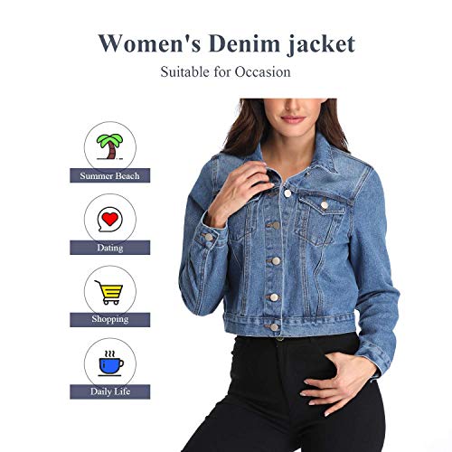 andy & natalie Women's Denim Jackets Trendy Long Sleeve Basic Button Down Crop Jean Jacket with Pockets Blue Large