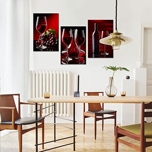 Lyerartork 3 Piece Kitchen Canvas Wall Art Black And Red Wine Painting Framed Artwork Wine Cup Bottle And Grapes Picture Prints For Dining Room Kitchen Restaurant Wall Decor 16X24Inchx3Panels #TOP2
